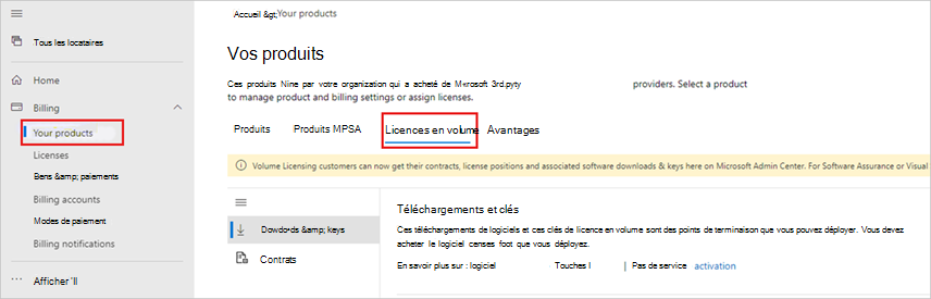 Centre d’administration Microsoft 365, en mettant en évidence le chemin de navigation de Vos produits et la section Licence en volume.