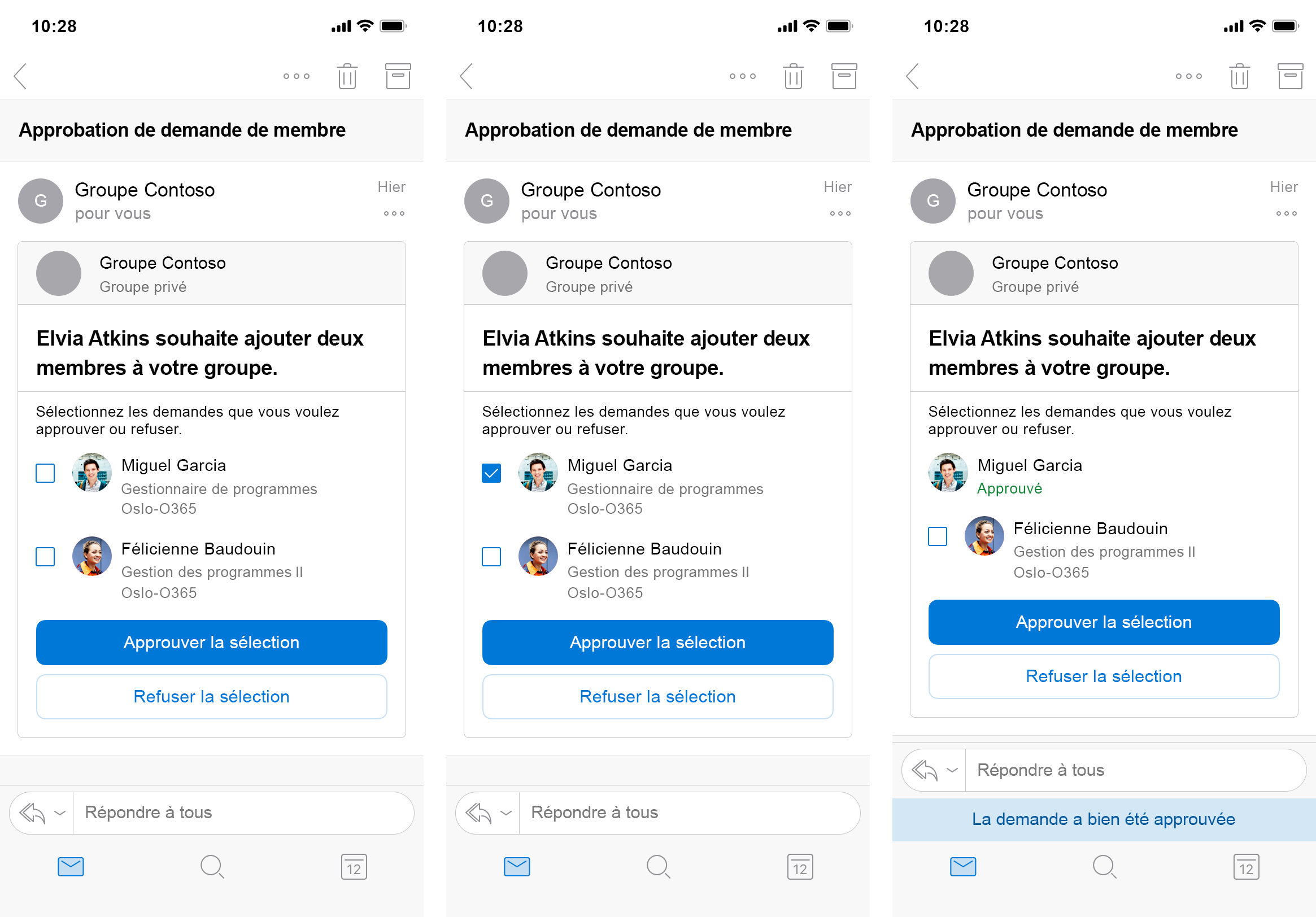 Carte de message d’ajout de membres à un groupe illustrant l’approbation du premier membre dans Outlook sur iOS.