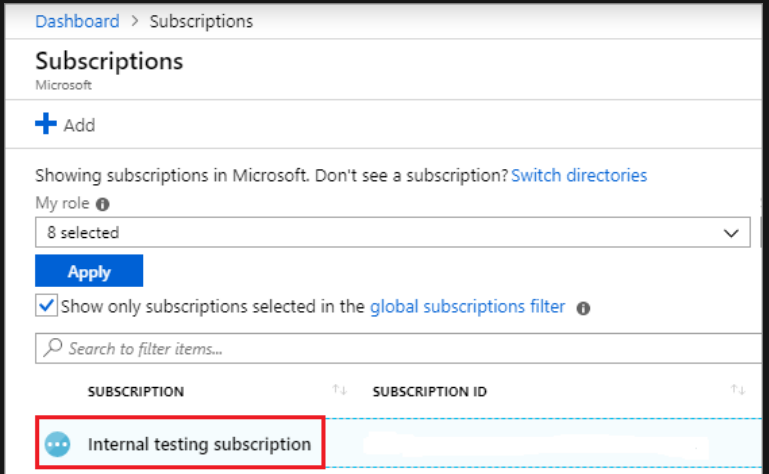 Capture d’écran montrant l’écran Abonnements avec l’indicateur test interne défini sur true.