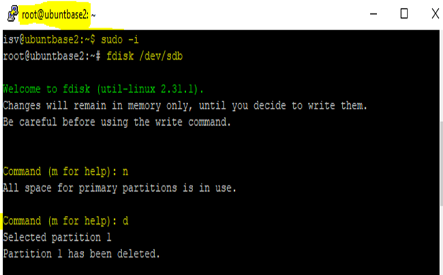 capture d’écran de ligne de commande du client Putty montrant les commandes pour la suppression de partitions existantes.