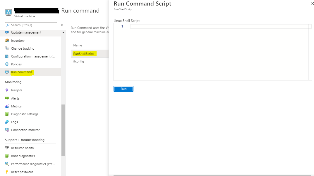 Capture d’écran de la page « Exécuter le script de commande » sur le portail Azure.