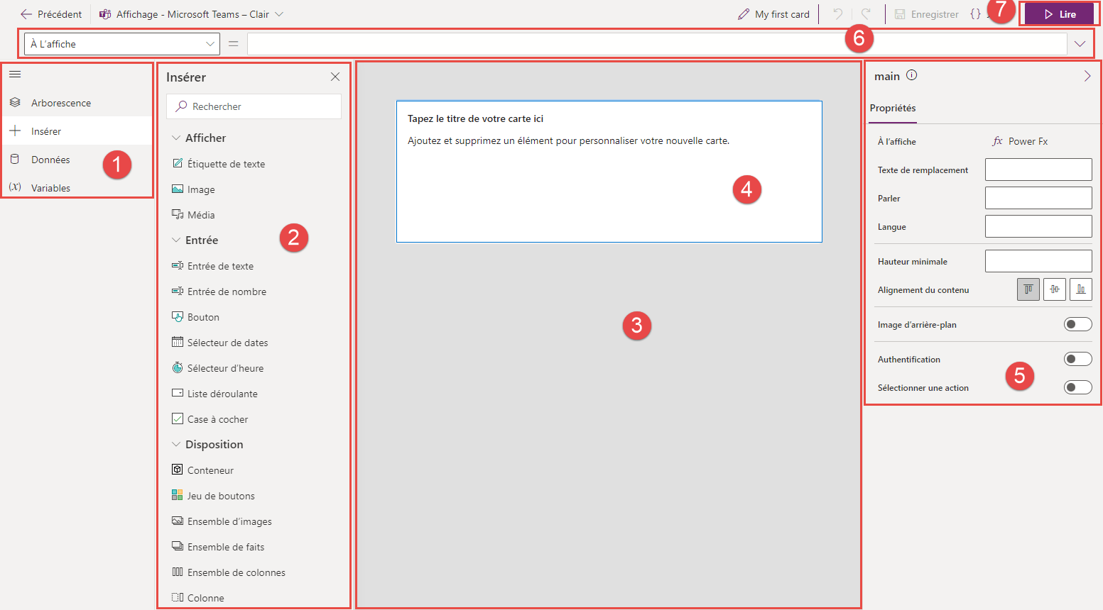 Capture d’écran du concepteur de cartes Power Apps avec des éléments en surbrillance.