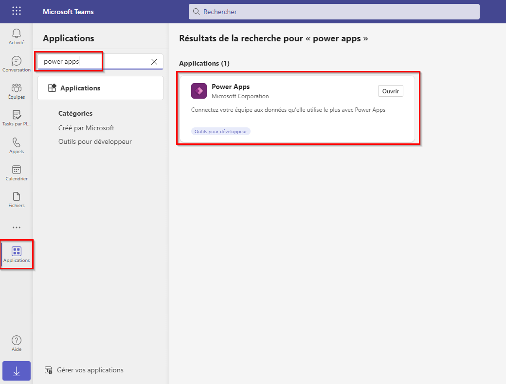 Capture d’écran de la page de recherche de l’application Teams, avec l’application Power Apps en surbrillance.