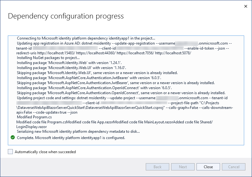 Progression de la configuration de la dépendance