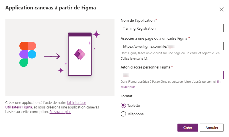 Boîte de dialogue Créer une application avec le nom de l’application, l’URL de Figma et le jeton d’accès personnel créé.