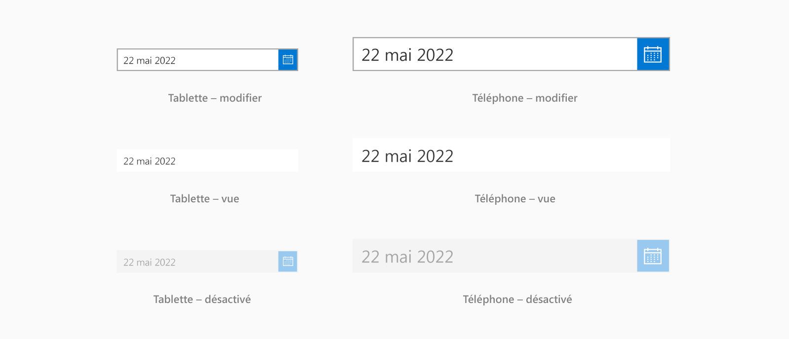 États de sélecteur de dates.