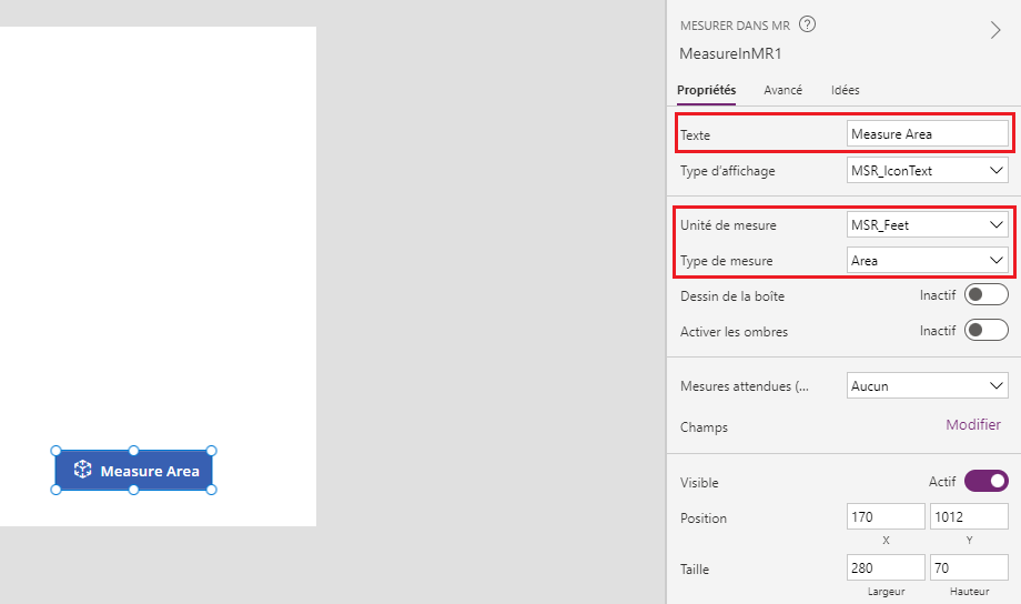 Propriétés du bouton Measure area.