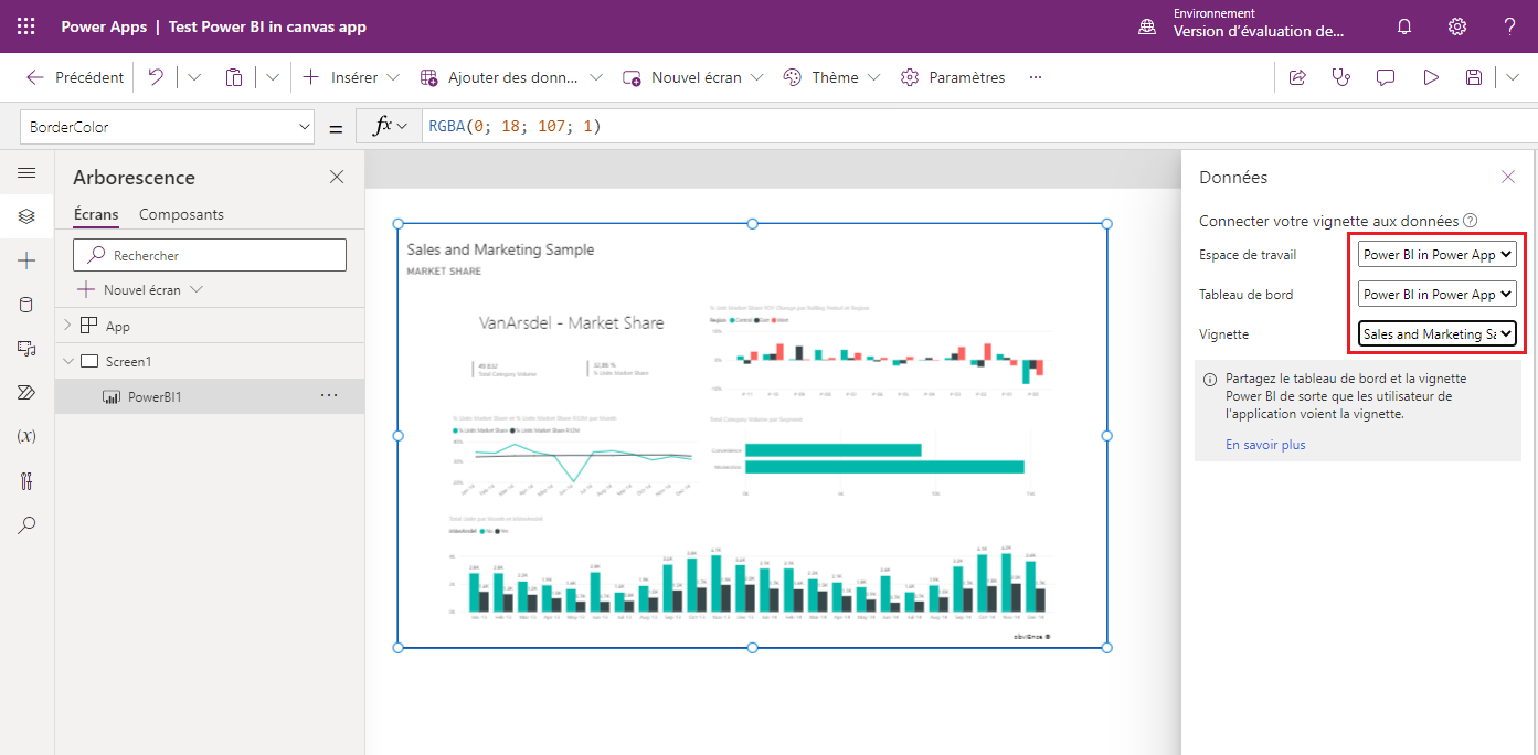 La vignette Power BI est ajoutée à l’application canevas