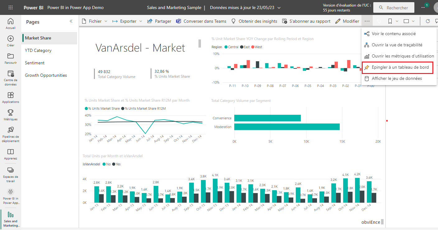 Sélectionner l’option Épingler au tableau de bord