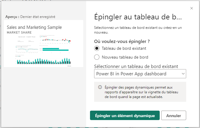 Sélectionner le tableau de bord et sélectionner Épingler un élément dynamique