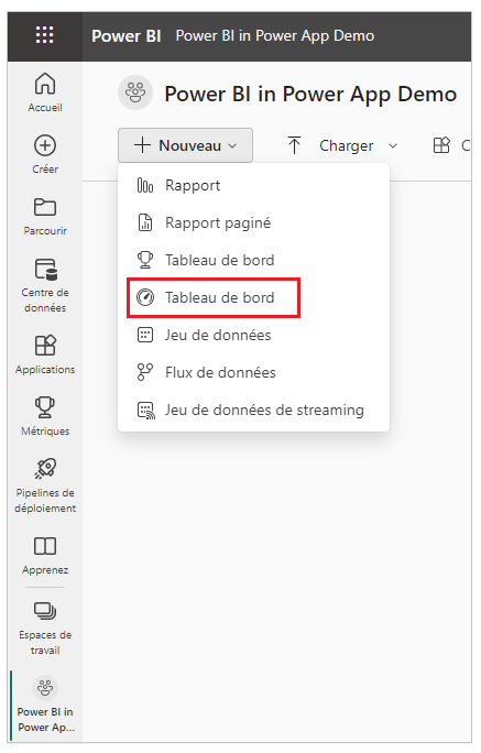 Sélectionner le bouton Nouveau et ajouter un tableau de bord