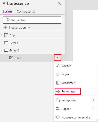 Capture d’écran montrant où renommer un contrôle via le menu déroulant.