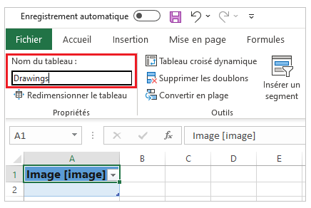 Renommer le tableau Drawings.