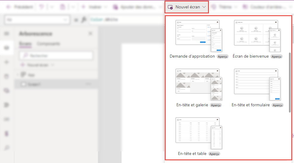 Capture d’écran du menu Nouvel écran dans Power Apps Studio affichant les dispositions disponibles.