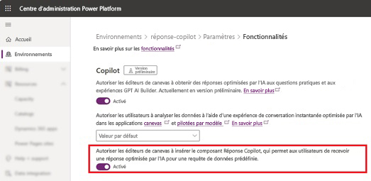 Activer le contrôle de réponse Copilot dans le centre d’administration Power Platform