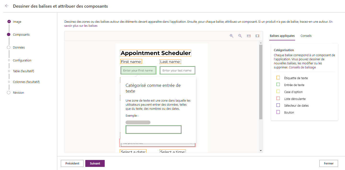 Concevez des composants pour l’application en sélectionnant des balises ou en créant une balise, puis en choisissant le contrôle de balise.