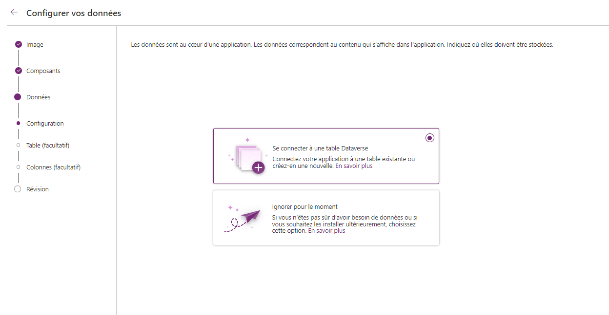 Choisissez de vous connecter à Dataverse ou continuez sans créer de table pour le moment.