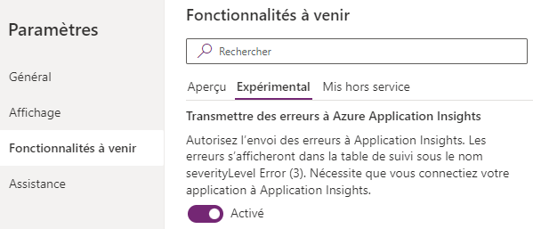 Activez le paramètre Transmettre les erreurs à Azure Application Insights.