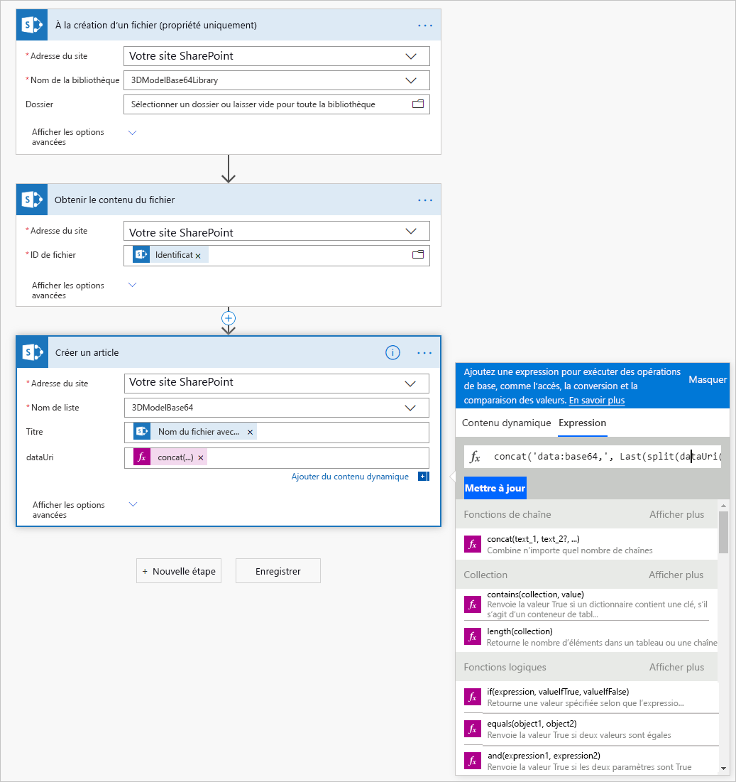 Une capture d’écran d’un workflow Power Automate qui montre les étapes pour convertir les fichiers de modèle 3D dans une bibliothèque de documents SharePoint sur Base64.