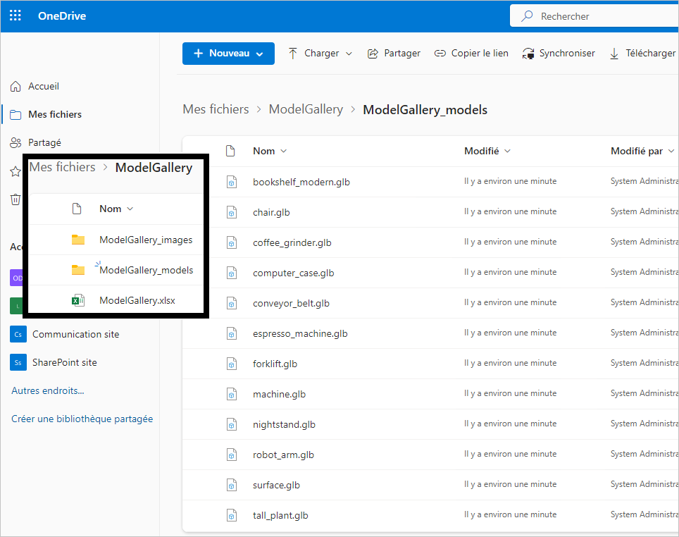 Une capture d’écran de OneDrive qui montre le classeur Excel ModelGallery et les fichiers de modèle 3D qui l’accompagnent.