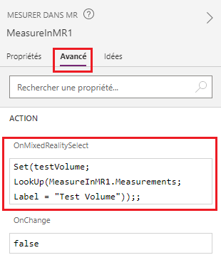 Une capture d’écran d’un contrôle Measure in 3D en construction dans Microsoft Power Apps Studio, affiché avec sa propriété OnMixedRealitySelect.