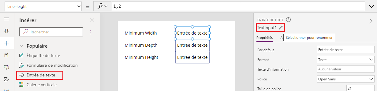 Une capture d’écran d’un contrôle Saisie de texte en construction dans Microsoft Power Apps Studio, affiché avec sa propriété.