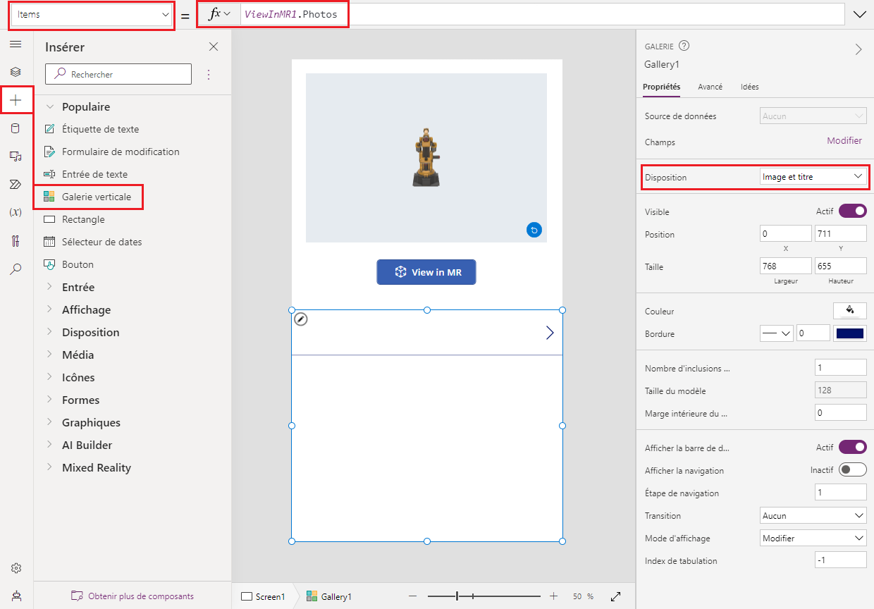 Une capture d’écran d’une galerie verticale en construction à Microsoft Power Apps Studio, affiché avec ses propriétés Items et Layout.