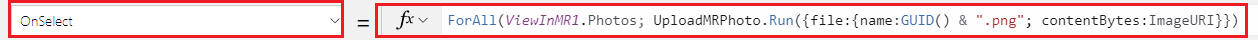 Une capture d’écran de la propriété OnSelect d’un contrôle de bouton dans la barre de formule Power Apps Studio, qui charge toutes les photos prises.