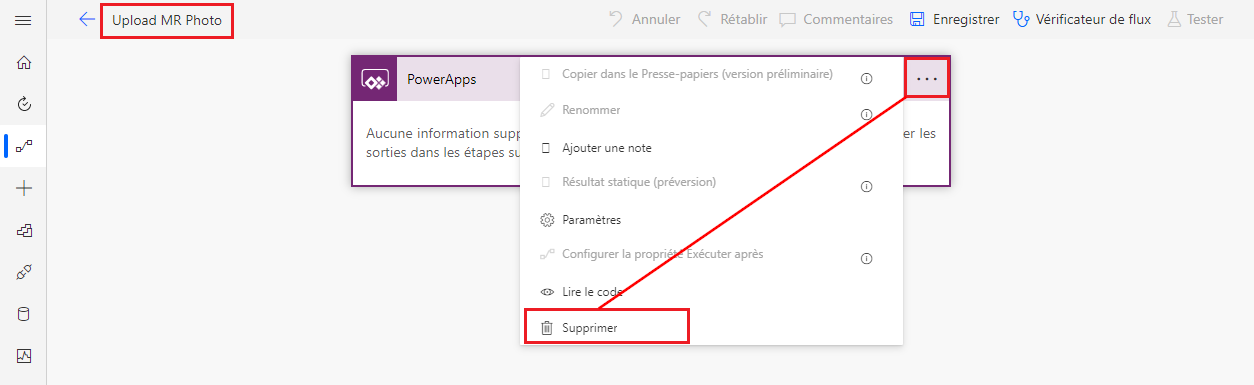 Une capture d’écran de la fenêtre d’édition Power Automate, avec l’étape PowerApps sélectionnée pour suppression.