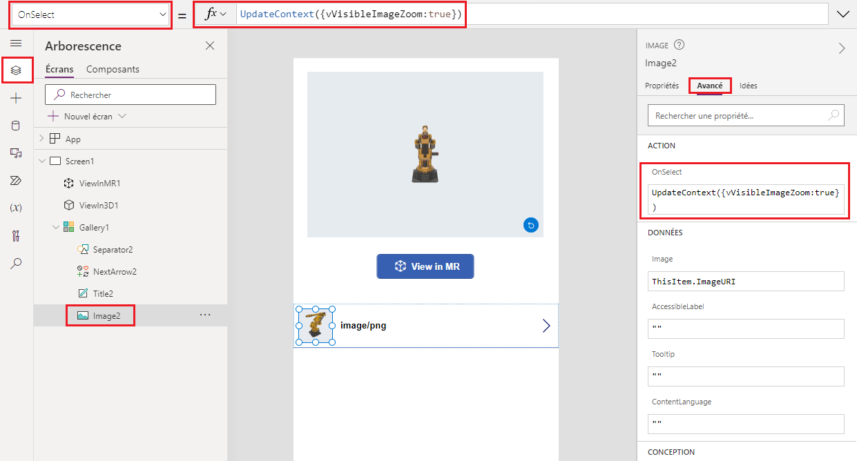 Une capture d’écran d’une image miniature dans une galerie dans Microsoft Power Apps Studio, affiché avec sa propriété OnSelect.