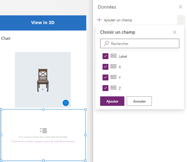 Une capture d’écran d’un modèle 3D en construction dans Power Apps Studio, affiché à côté d’une liste de champs à ajouter à une table de données.