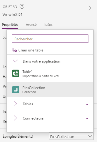 Une capture d’écran de la propriété Pins(Items) d’un modèle 3D dans Power Apps Studio, avec la source de données PinsCollection sélectionnée.