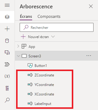 Une capture d’écran de l’arborescence Power Apps Studio qui affiche quatre contrôles Saisie de texte renommés.