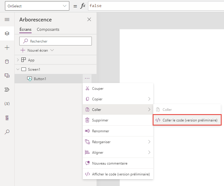 Capture d’écran de l’arborescence dans Power Apps Studio, avec l’option Coller le code sur le menu contextuel d’un contrôle en surbrillance.