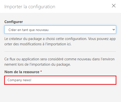 Sélectionner action d’importation - nom de la ressource.