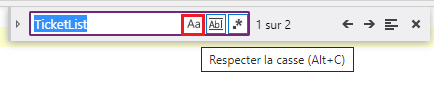 L’icône d’affinement Respecter la casse sur le contrôle Find and Replace