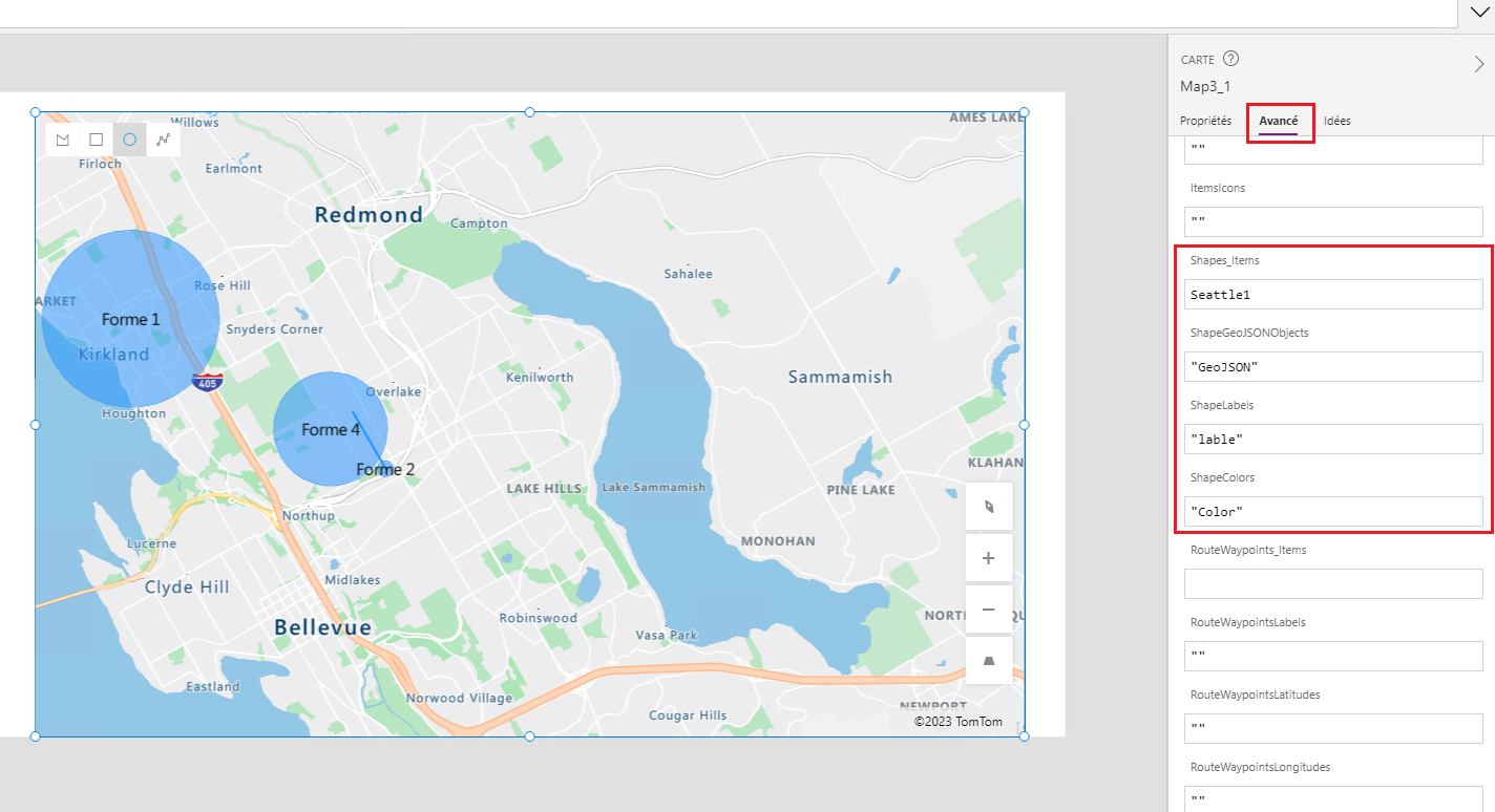 Une capture d’écran des propriétés avancées d’un contrôle Carte, avec les champs source de données fournis et les formes résultantes affichées sur la carte.