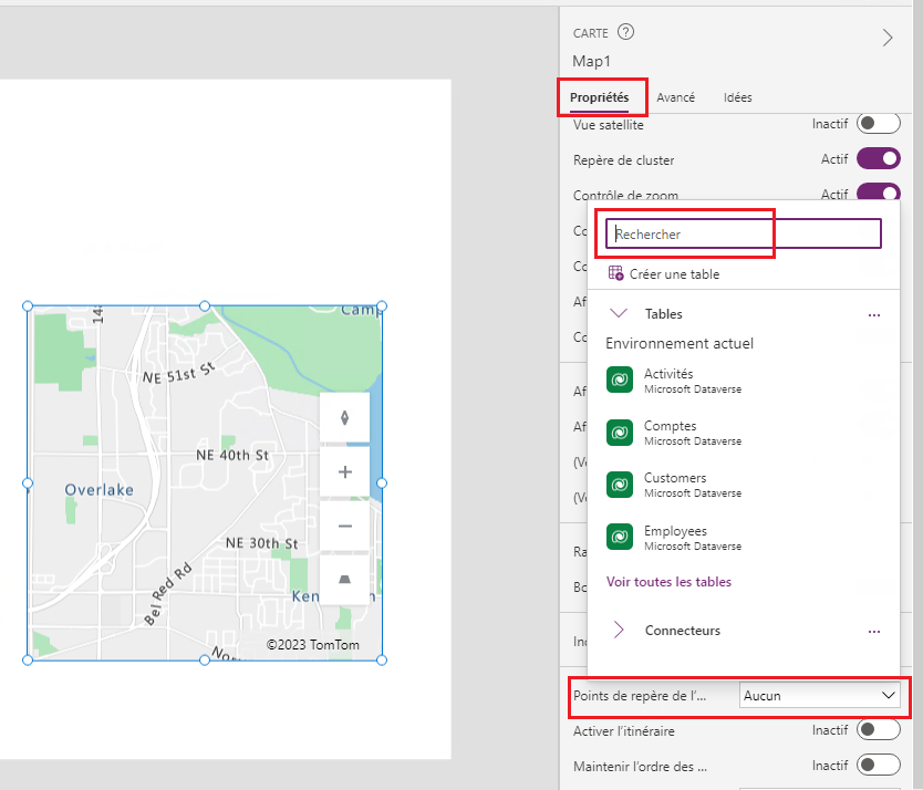 Une capture d’écran qui montre comment rechercher une source de données de point de repère pour se connecter à un contrôle Carte dans Power Apps Studio.