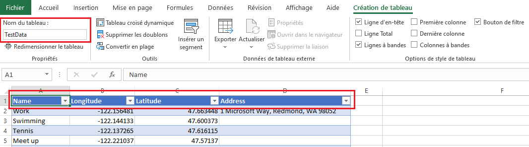 Un exemple de feuille de calcul Excel avec une table nommée TestData qui contient les informations nécessaires pour placer des épingles de point de repère sur une carte.