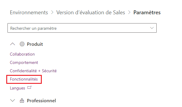 Capture d’écran du Centre d’administration Power Platform avec le paramètre Fonctionnalités de produits d’environnements sélectionné.