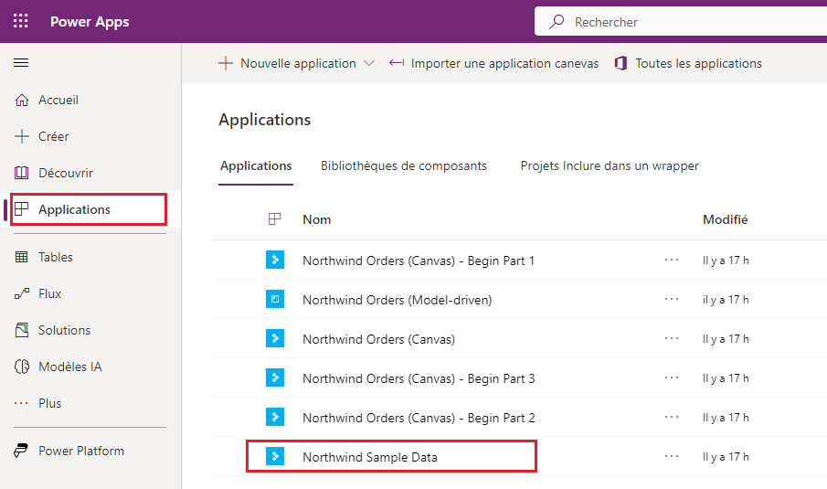 Base de données Northwind dans la liste des applications.