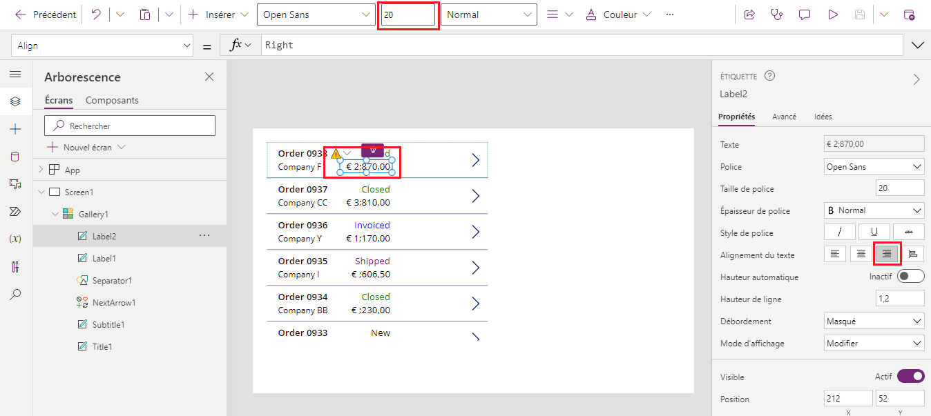 Modifier la taille de la police et l’alignement d’une Étiquette.