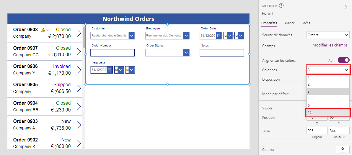 Modifier le nombre de colonnes dans le contrôle Modifier le formulaire.