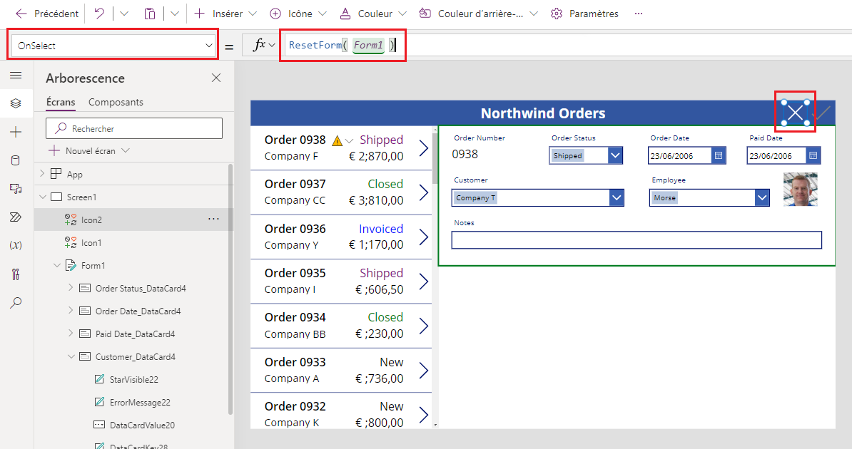 Définir la propriété OnSelect de l’icône Annuler.