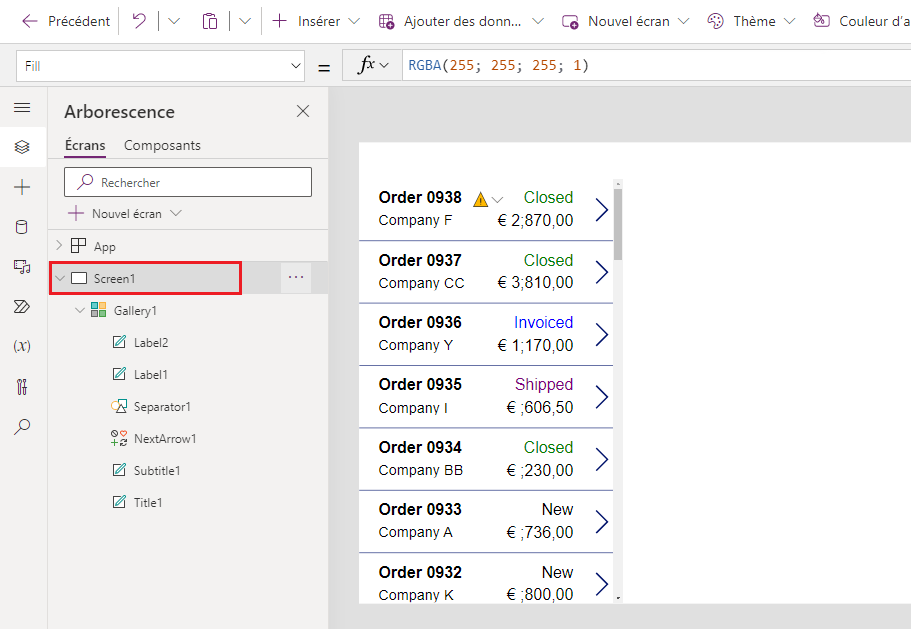 Sélectionnez Screen1 dans le volet Arborescence.