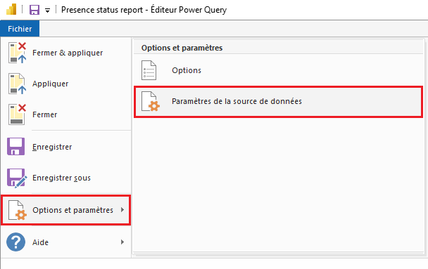 Paramètres de la source de données.