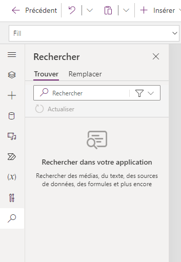 Le volet de recherche visible à l’intérieur de Power Apps Studio .