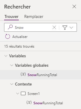 Variables globales et contextuelles disponibles dans le résultat de la recherche.