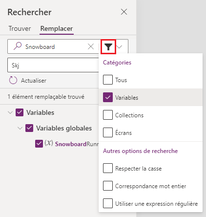 Filtrez la liste des résultats pour n’afficher que les catégories de résultats sélectionnées.