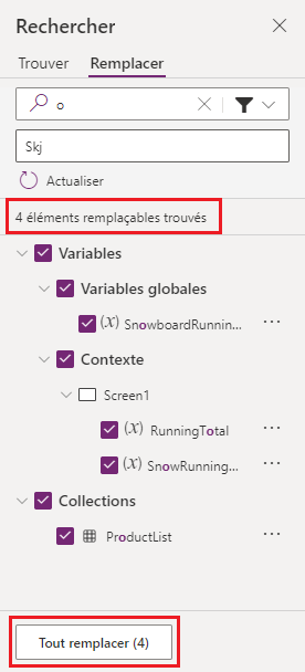 Résultats montrant le nombre total de remplacements trouvés.